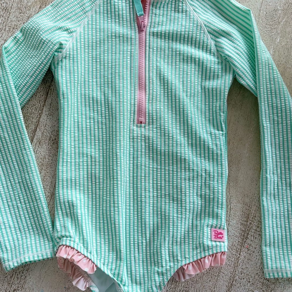 Ruffle Butts Mint Green and Pink Long Sleeve Rash Guard Swimsuit